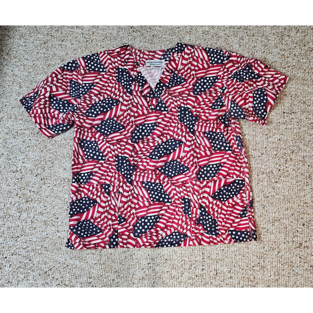 Natural Uniforms American Flag Scrub Top XS Red White Blue Stars Stripes V-Neck